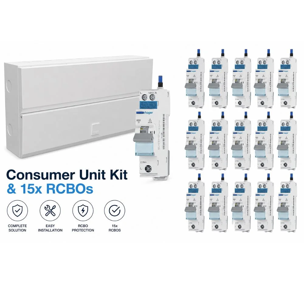 Hager | VME119SPD | Design Evo Consumer Unit Kit | Type 2 SPD | 19 Way | 15 RCBOs 1 Hager VME119SPD Consumer Unit Kit