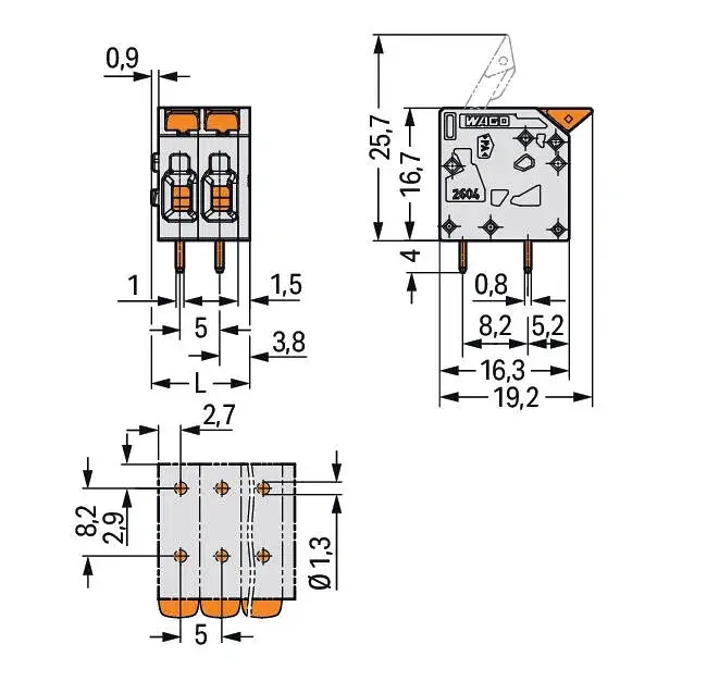 WAGO 2604-1107 PCB Terminal Block - Lever - 4mm² 3 Wago 2604-1107 PCB Terminal Block - Lever - 4mm² - Pin Spacing 5mm - 7-Pole - Push-In Cage Clamp - Grey 3