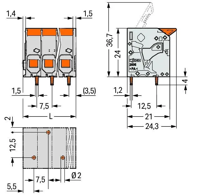 WAGO 2606-1105/010-000 PCB Terminal Block - Lever - 6mm² 3 Wago 2606-1105/010-000 PCB Terminal Block - Lever - 6mm² - Pin Spacing 7.5mm - 5-Pole - Push-In Cage Clamp - Grey 3