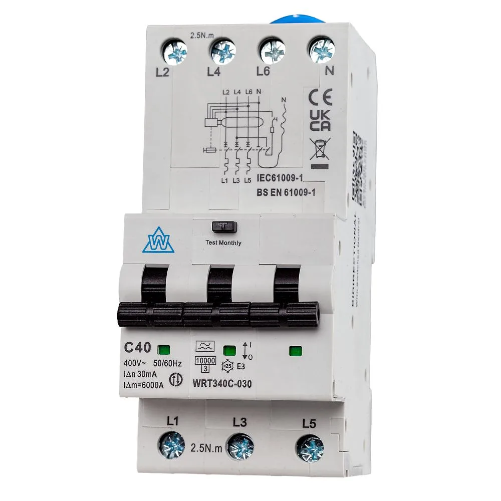 WCED | WRT340C-030 | 40A C Curve | 10kA | 3 Pole A-Type Bi-Directional RCBO 1 WRT340C-030 3 Pole Bi-Directional RCBO