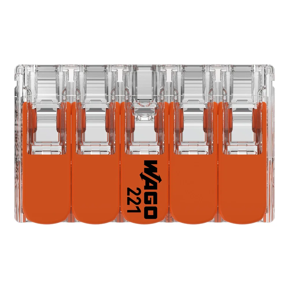 Wago 221-420 10 Way Level Connector - Pack of 15 5 Wago 221-420 transparent 10-port lever connector for 0.2–4mm² wiring, featuring CAGE CLAMP® terminals for 32A, 450V applications.