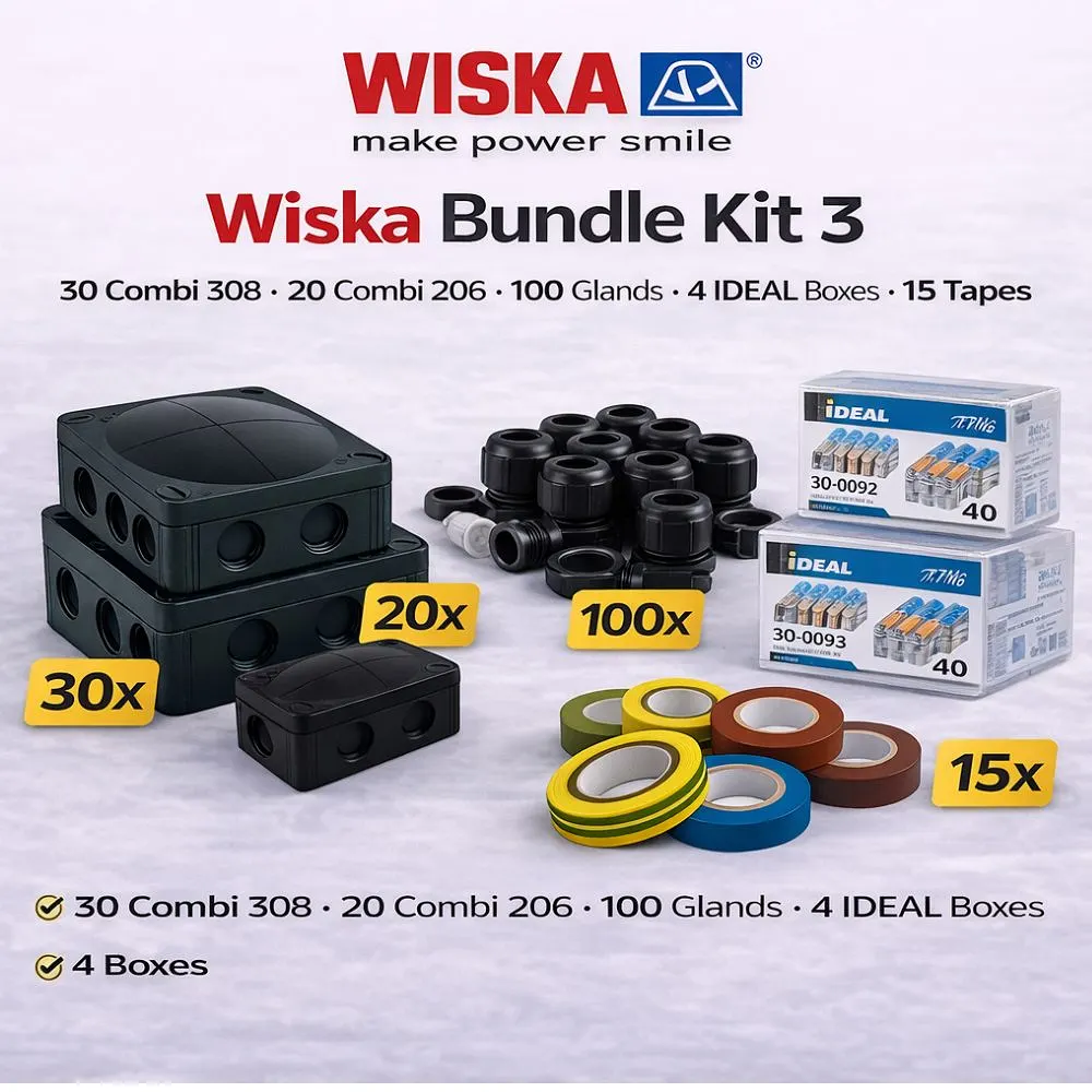 Wiska Bundle Kit 3 | 30 x Combi 308 | 20 x Combi 206 | 100 x Glands | 4 Packs of Ideal Connectors | 15 Unicrimp Tapes 1 Wiska Bundle Kit 3 | 30 x Combi 308 | 20 x Combi 206 | 100 x Glands | 4 Packs of Ideal Connectors | 15 Unicrimp Tapes