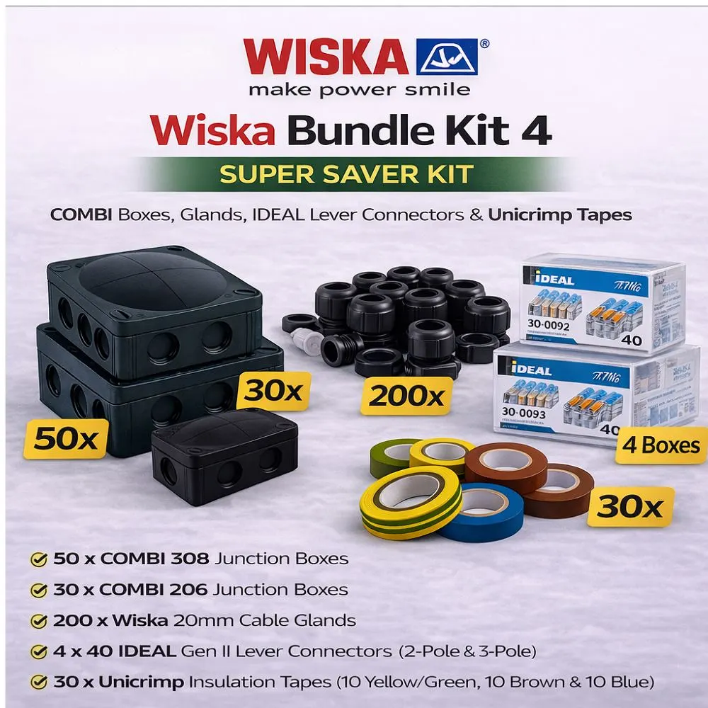 Wiska Bundle Kit 4 | 50 x Combi 308 | 30 x Combi 206 | 200 x Glands | 4 Packs of Ideal Connectors | 30 Unicrimp Tapes 1 All-in-One Wiska COMBI Box & Gland Kit – Super Saver for Bulk Electrical Jobs