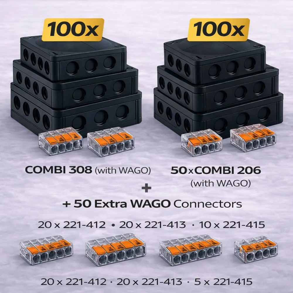 Wiska WAGO | Bulk Contractor Kit 6 | 200 x COMBI 308 & 206 with WAGOs | 20 x 221-412, 20 x 221-413 & 10 x 221-415 1 Wiska WAGO Bulk Contractor Kit 6