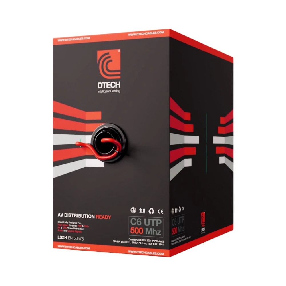 DTech | AV-Ready CAT6 Cable | 8 Core Solid Copper U/UTP 500MHz | Unscreened LSZH | 305m | Red 1 DTech CAT6 Solid Copper U/UTP Cable 305m Red