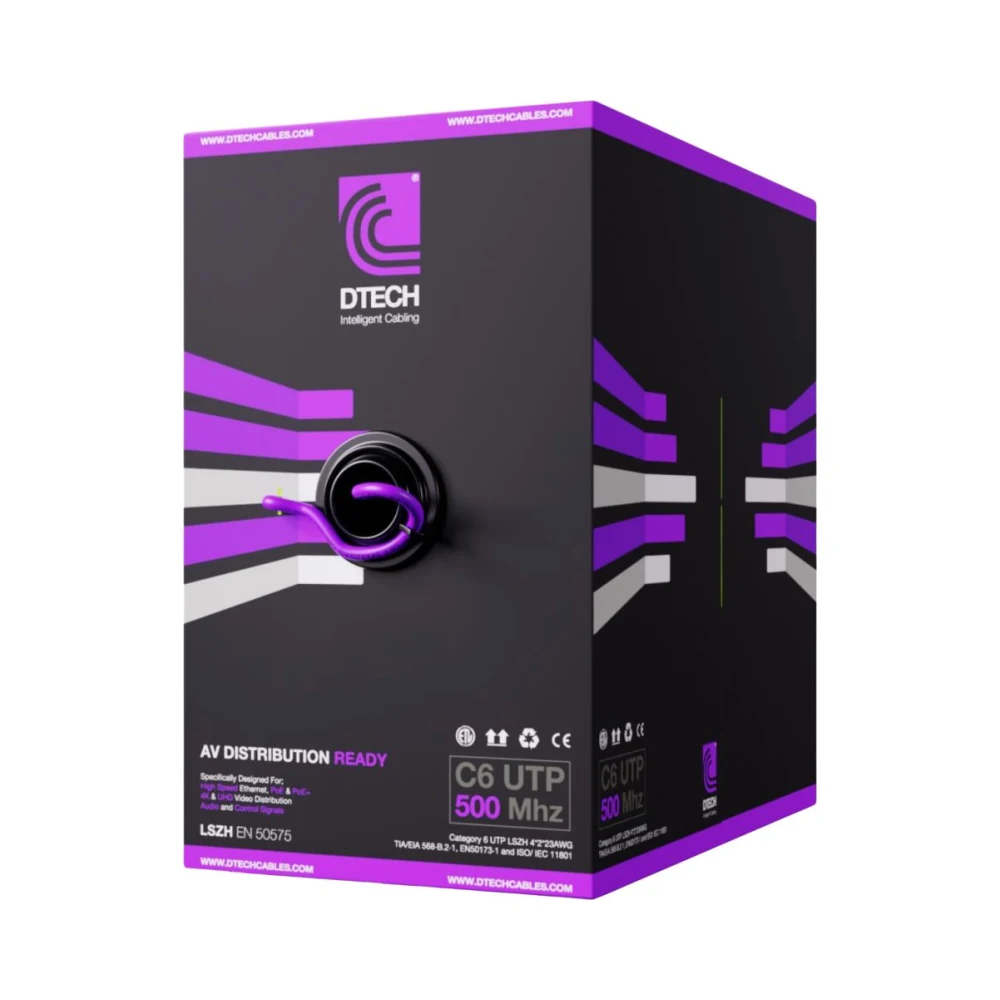 DTech | AV-Ready CAT6 Cable | 8 Core Solid Copper U/UTP 500MHz | Unscreened LSZH | 305m | Violet 1 DTech CAT6 Solid Copper U/UTP 500MHz Cable 305m Violet