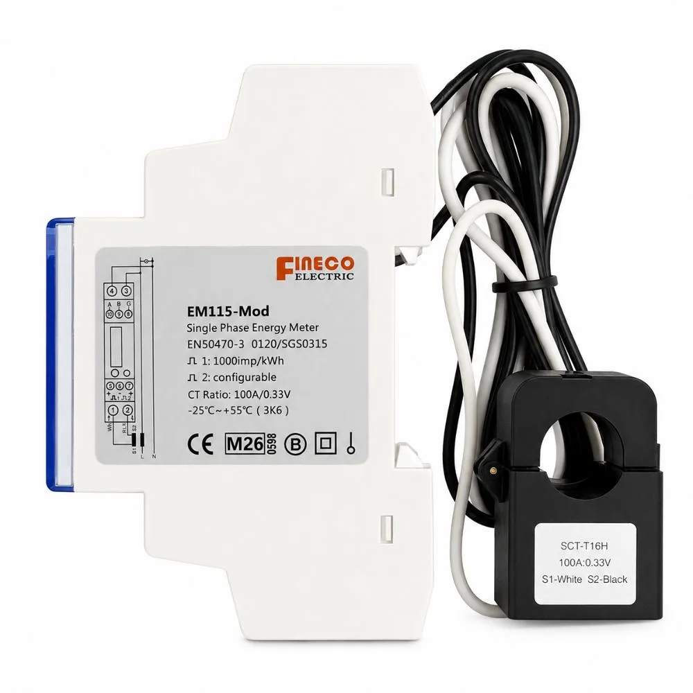 FuseBox | KWHEM115 | 100A Split-Core CT Clamp Modbus kWh Meter | Single Phase 2 FuseBox KWHEM115 100A CT Clamp Modbus kWh Meter