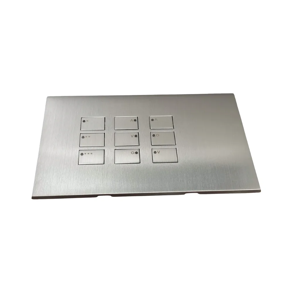 Rako Cover Plate Kit for EOS Wired Control Modules - Double Gang 9-Button - WP-EOS-6031-SC - Scenes 1-3, Raise, Lower, Off & Raise, Stop, Lower - Satin Chrome 1 Rako Cover Plate Kit for EOS Wired Control Modules - Double Gang 9-Button - WP-EOS-6031-SC - Scenes 1-3