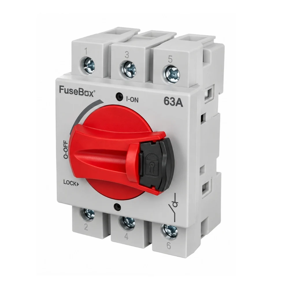 FuseBox | DRISO633P | 3 Pole DIN Rail Isolator Switch | AC-23A | 63A 1 FuseBox DRISO633P 63A 3 Pole DIN Rail Isolator