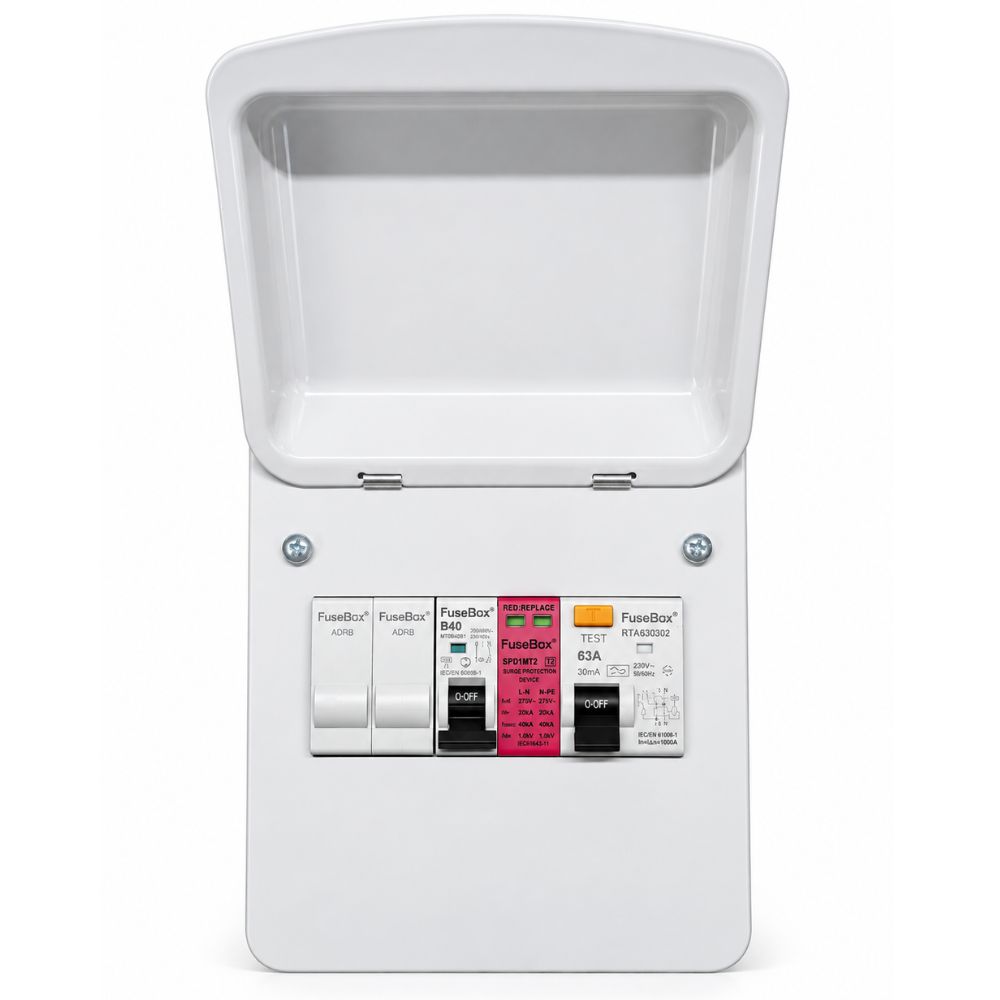 FuseBox | EV40RAZ | EV Charger Distribution Board | 63A Type A RCD | 40A MCB | Type 2 SPD 1 FuseBox EV40RAZ EV Charger Distribution Board