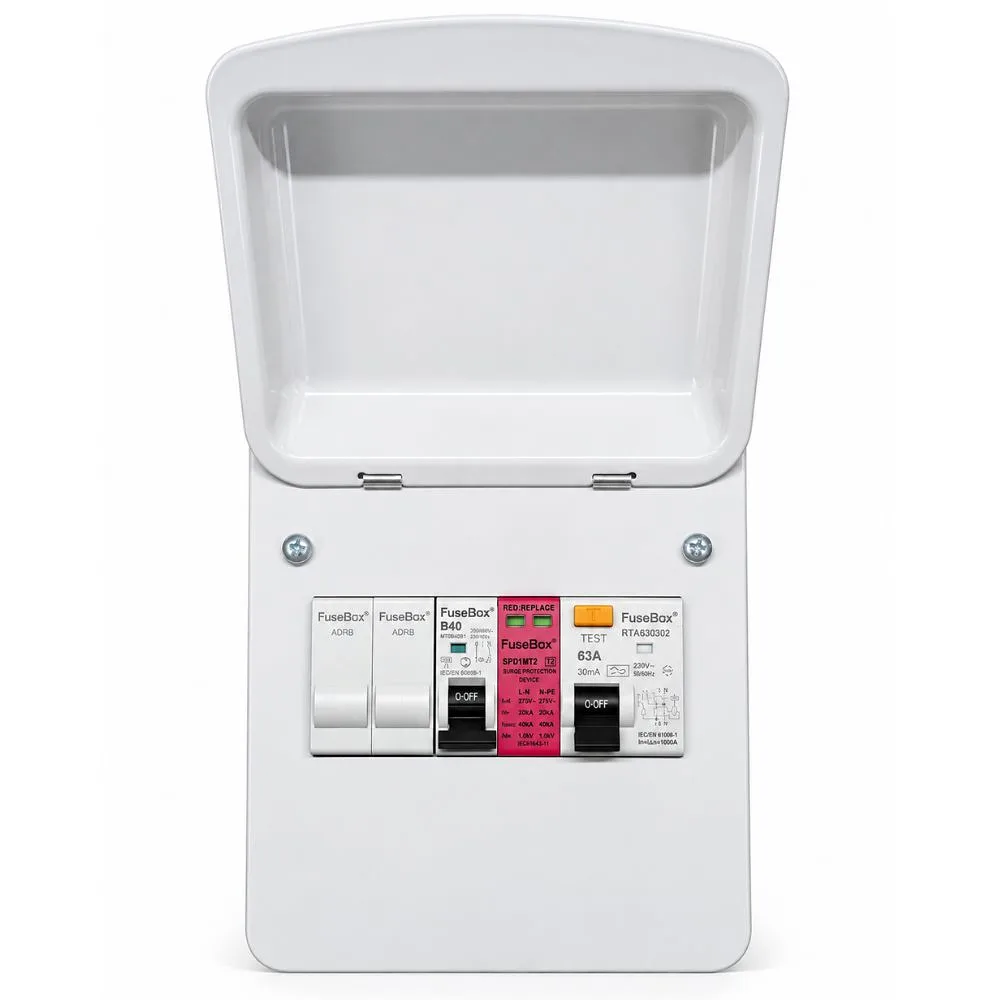 FuseBox | EV40RAZ | EV Charger Distribution Board | 63A Type A RCD | 40A MCB | Type 2 SPD 1 FuseBox EV40RAZ EV Charger Distribution Board