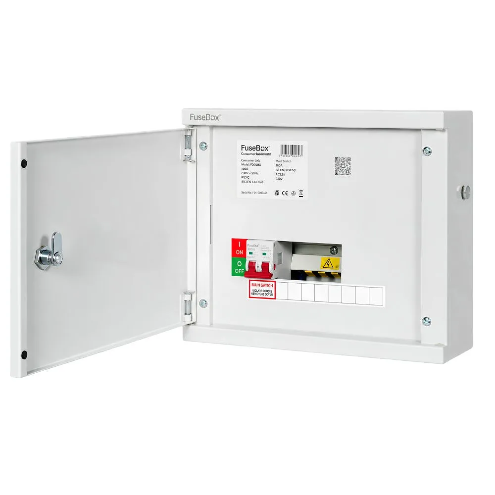 FuseBox | HSP08 | 8 Way 100A Horizontal Consumer Unit | Main Switch 1 FuseBox HSP08 8 Way Horizontal Consumer Unit