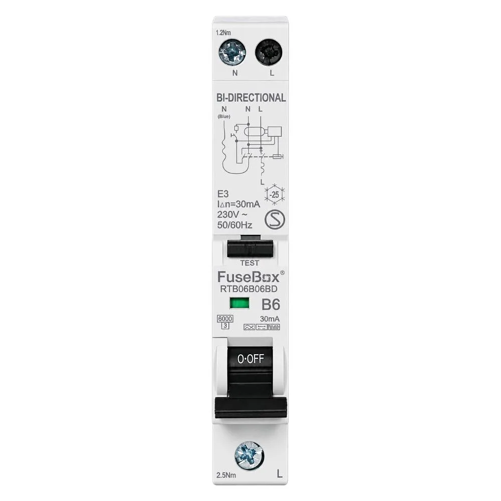 FuseBox | RTB06B20BD | Type B Bidirectional RCBO | 30mA | 20A 1 FuseBox RTB06B20BD 20A Type B Bidirectional RCBO