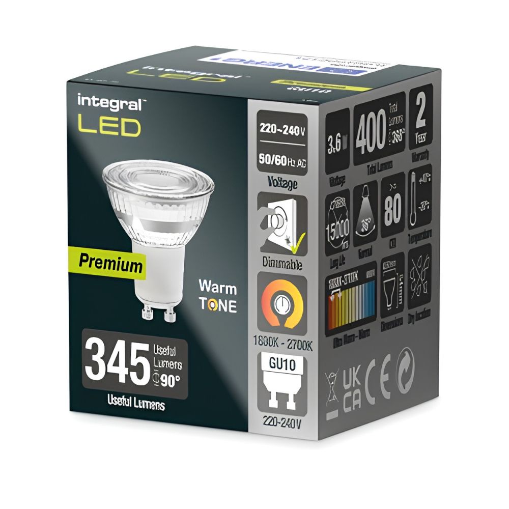 Integral | ILGU10DC121 | WarmTone GU10 LED Lamp | 3.6W 400lm | 1800-2700K 2 Integral | ILGU10DC121 | WarmTone GU10 LED Lamp | 3.6W 400lm | 1800-2700K