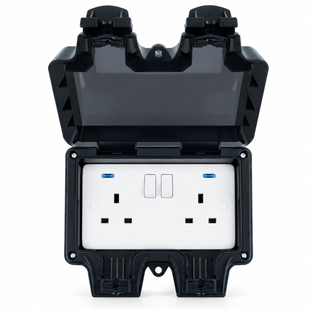 Niglon | H-BWS132S | Hurricane IP66 13A 2 Gang Switched Socket | Black 1 Niglon H-BWS132S IP66 13A 2 Gang Switched Socket