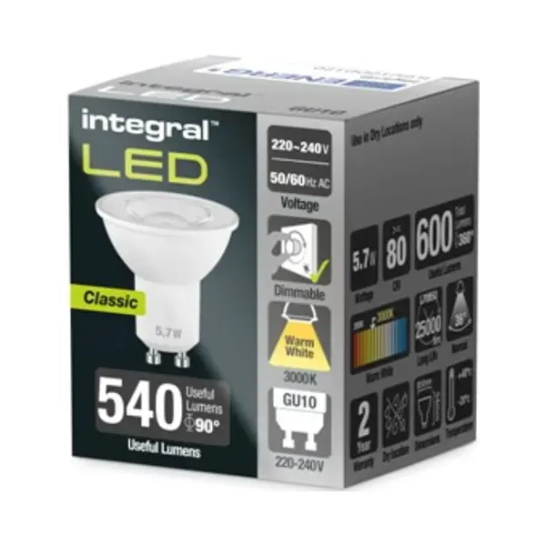 Integral LED | ILGU10DD120 | Dimmable GU10 Lamp | 36° | 5.7W | 3000K Warm White 3 Integral ILGU10DD120 Dimmable 3000K Warm White 5.7W LED GU10 Lamp 3