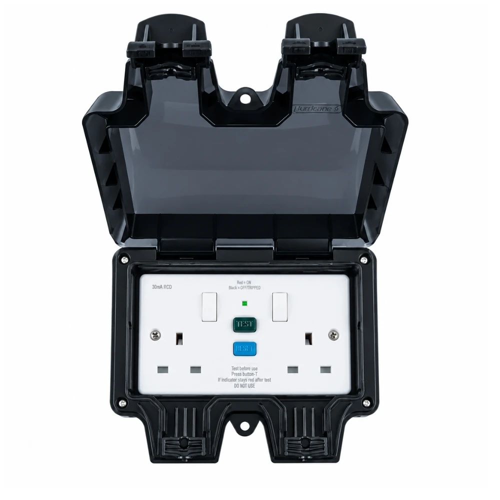 Niglon | H-BWS132R | Hurricane IP66 13A 2 Gang RCD Socket | Type A 30mA | Black 1 Niglon H-BWS132R IP66 13A RCD Socket