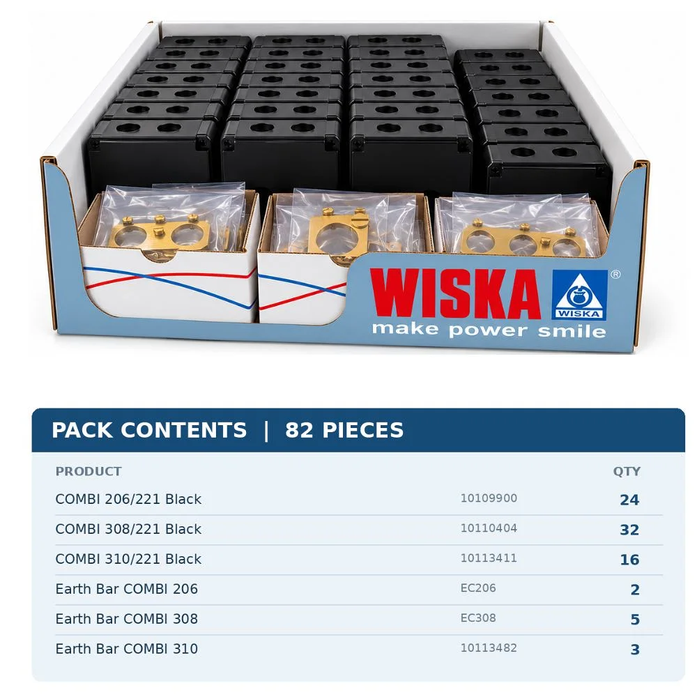 Wiska | COMBI Ready Pack Black | 72 x COMBI Junction Boxes (206, 308 & 310) with WAGO 221 Connectors + 10 Earthing Accessories 1 Wiska COMBI Ready Pack Black